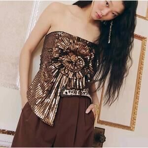 Free People Sequin Rosette Tube Top Gold Metallic Strapless Size M Party Club
